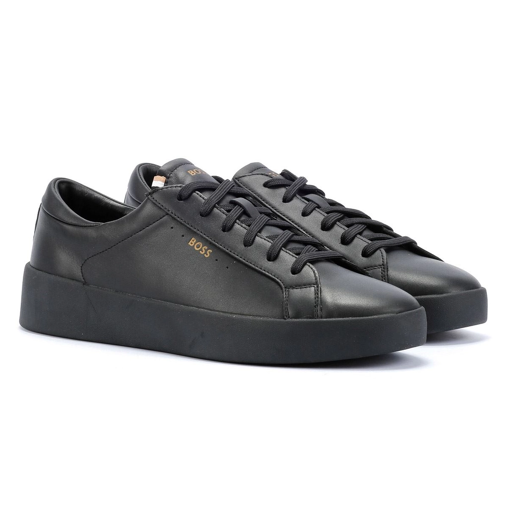 Hugo Boss Belwar Tennis Smooth Leather Mens Black Trainers - Size UK 8